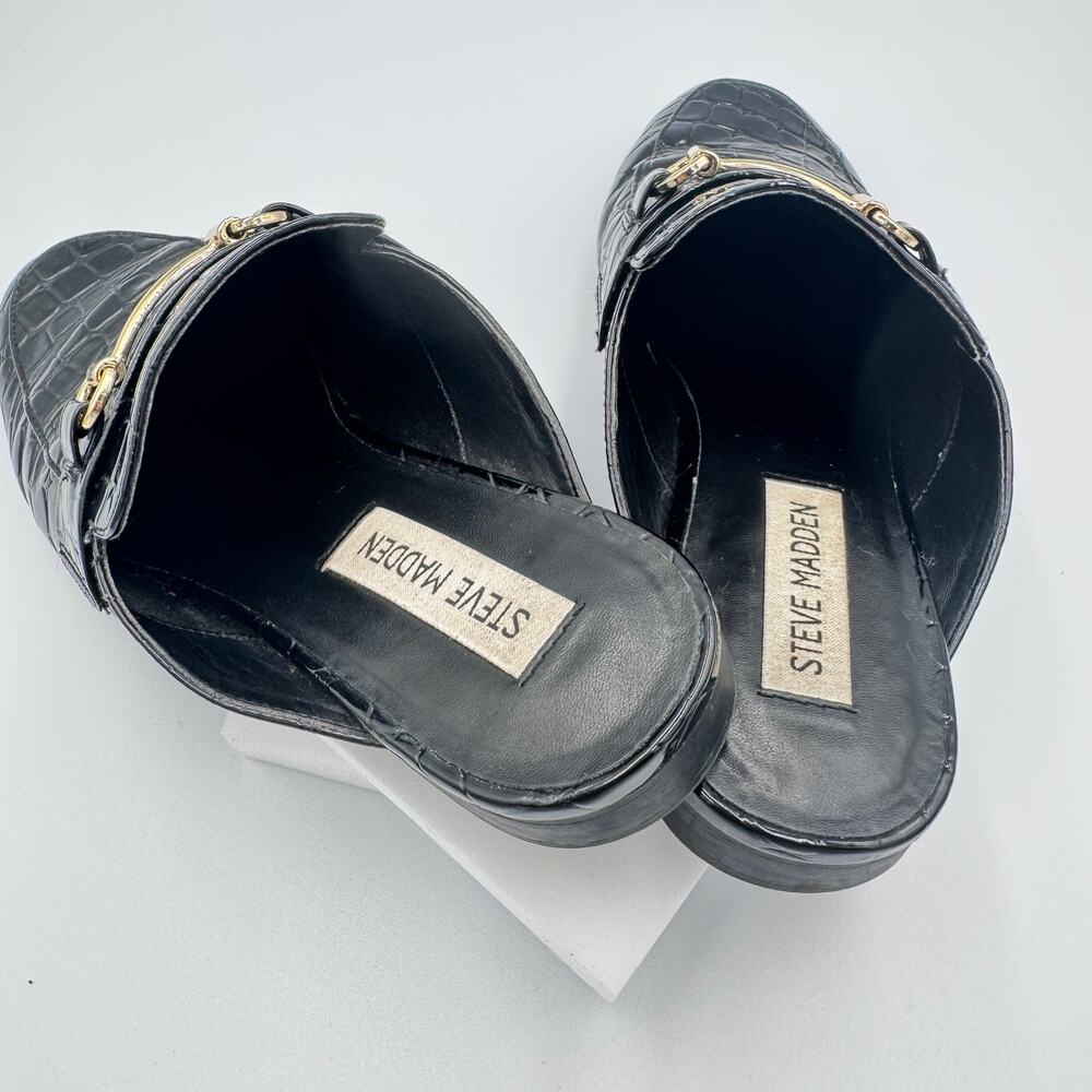 Steve Madden Royals Black Croc Embossed Horsebit Loafer Mule Slide Flat Gold 8 - Picture 16 of 16